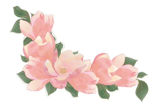 ピンクのマグノリアの花の組成物は 印刷のための黄金の輪郭装飾要素を持つ葉 — ストック写真