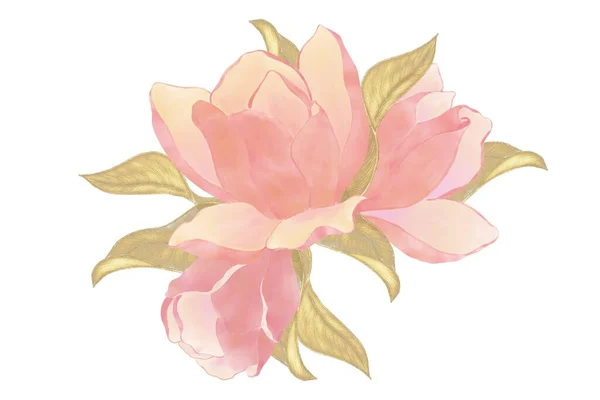 Elément Décoratif Coin Fleurs Roses Magnolias Aux Feuilles Dorées Décoration — Photo