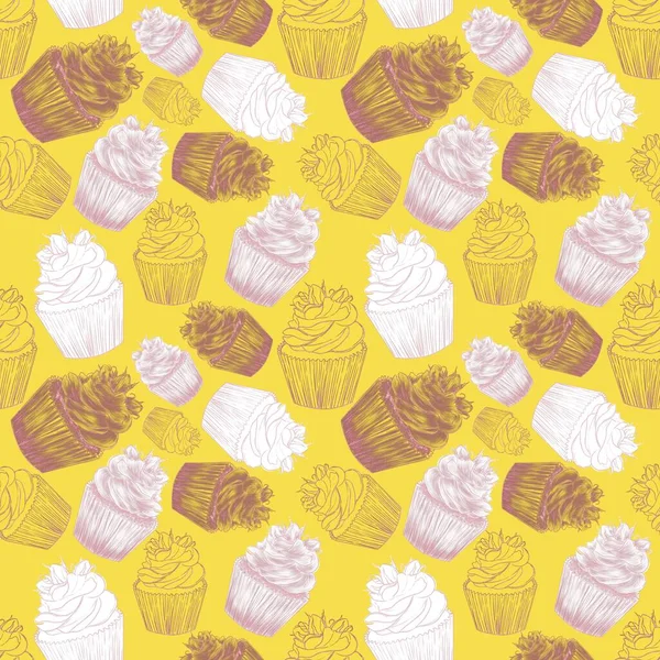 黄色の背景の輪郭線とハッチングされたカップケーキイラスト 光沢のあるシームレスなパターン — ストック写真