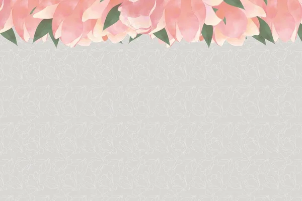 Szürke Háttér Kontúros Virág Textúra Díszített Összetétele Rózsaszín Magnólia Virágok — Stock Fotó