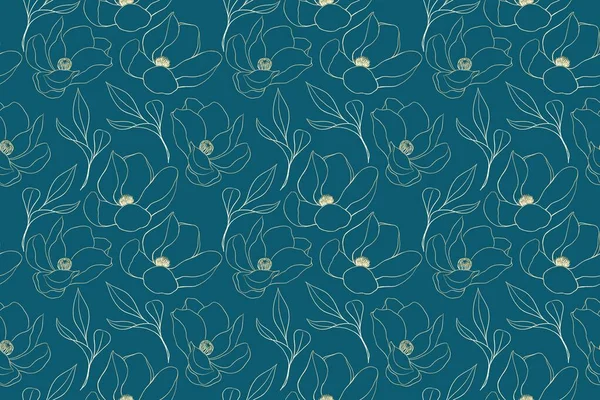 Ilustración Flores Lineales Magnolias Hojas Contorno Dorado Sobre Fondo Azul — Foto de Stock