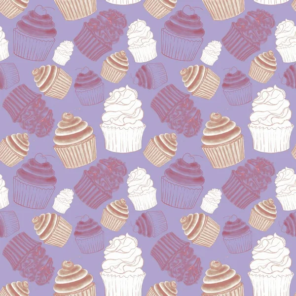 Stylish Purple Seamless Pattern Linear Illustrations Brown Cupcakes Hatching White — Stock Photo, Image