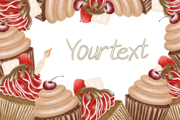 Rechteckiger Rahmen Der Cupcake Illustrationen Braune Schokolade Rote Erdbeere Farbe — Stockfoto