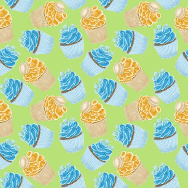 Keklerin mavi ve turuncu renkli çizimlerinden açık yeşil rengin kusursuz deseni