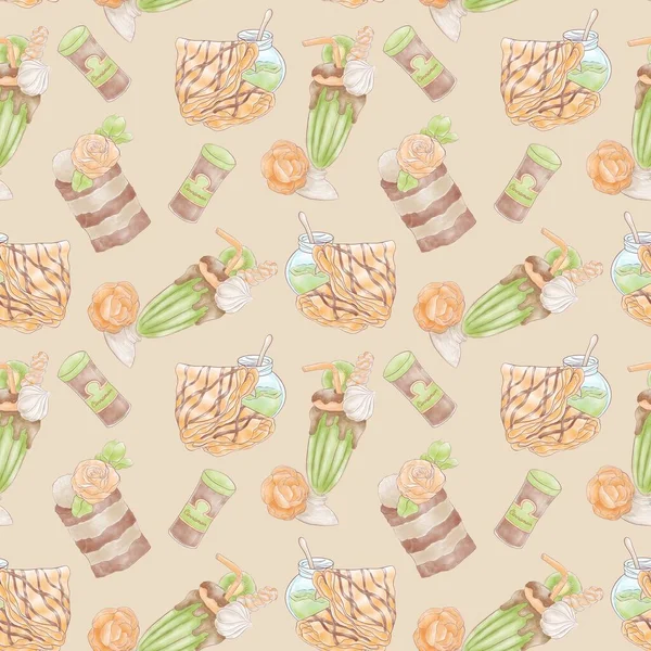 Seamless Pattern Desserts Cake Decorated Orange Rose Kiwi Cocktail Donut — Stock Photo, Image