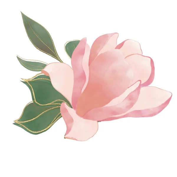 Διακοσμητική Σύνθεση Ροζ Λουλουδιού Πράσινα Φύλλα Χρυσό Περίγραμμα — Φωτογραφία Αρχείου