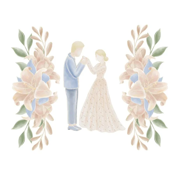 パステルカラーの花嫁と新郎の結婚式の人形は ユリの花と金色の輪郭を持つ小枝の構成で飾られています — ストック写真
