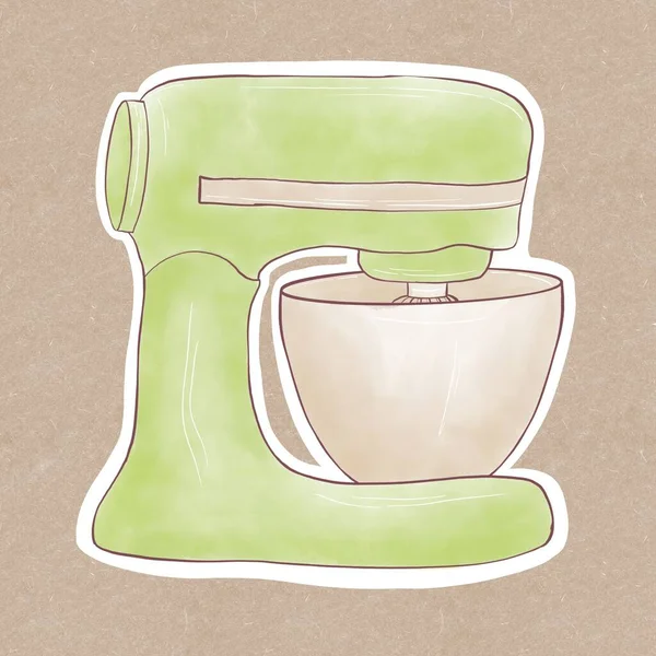 Ilustrace Zeleného Mixéru Béžovou Miskou Kuchyňské Nálepky Řemeslném Pozadí — Stock fotografie
