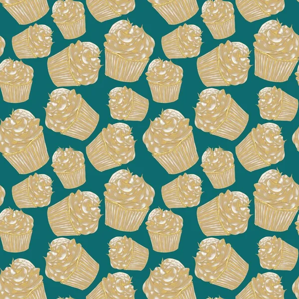 Pattern Dark Green Background Golden Cupcakes Pastry Shop Design Seamless — Foto Stock