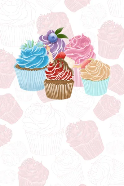 Illustration Group Cupcakes Patterned Pink Graphic Background Advertising Pastry Shop — 스톡 사진