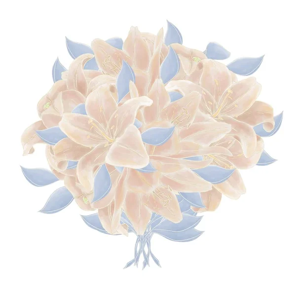 Mazzo Fiori Giglio Beige Decorati Con Foglie Blu Una Brutta — Foto Stock