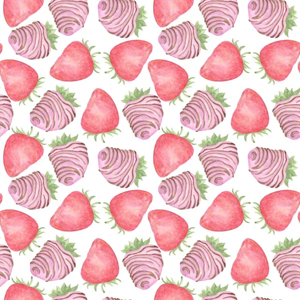 Watercolor Pattern Illustrations Strawberries Chocolate White Background Design Paper — Stock Photo, Image