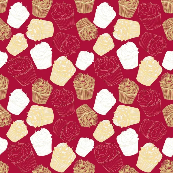 Patrón Sin Costuras Hecho Cupcakes Oro Eclosionados Contorneados Ilustraciones Sobre —  Fotos de Stock
