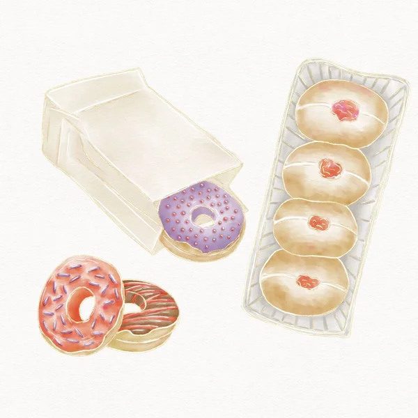 テクスチャの背景に食べ物の水彩イラスト アイシングとドーナツのセット — ストック写真