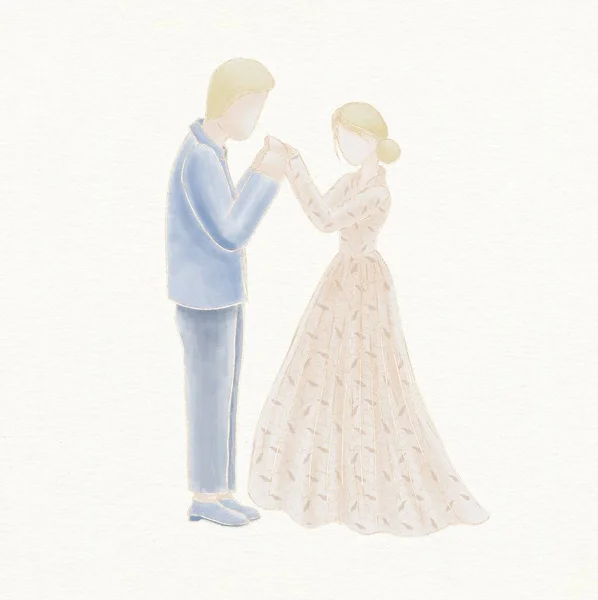 Akvarel Ilustrace Nevěsta Ženich Zlatým Obrysem Texturované Akvarel Pozadí — Stock fotografie