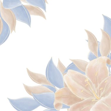 Mavi ve bej renklerde zambaklar ve dallardan oluşan dekoratif çerçeve