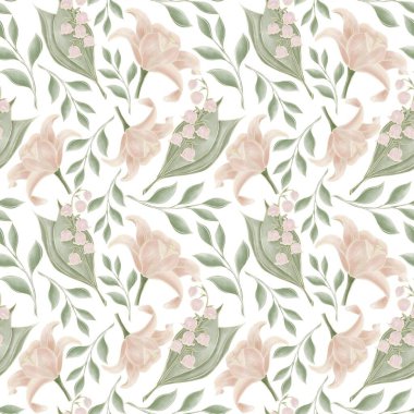 Vadi çiçeklerinin zambaklarının, yeşil dallı zambakların, yaprakların doğal, pürüzsüz deseni.