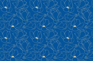 Mavi arka plandaki altın çizgili manolya çiçeklerinin hatları kusursuz.