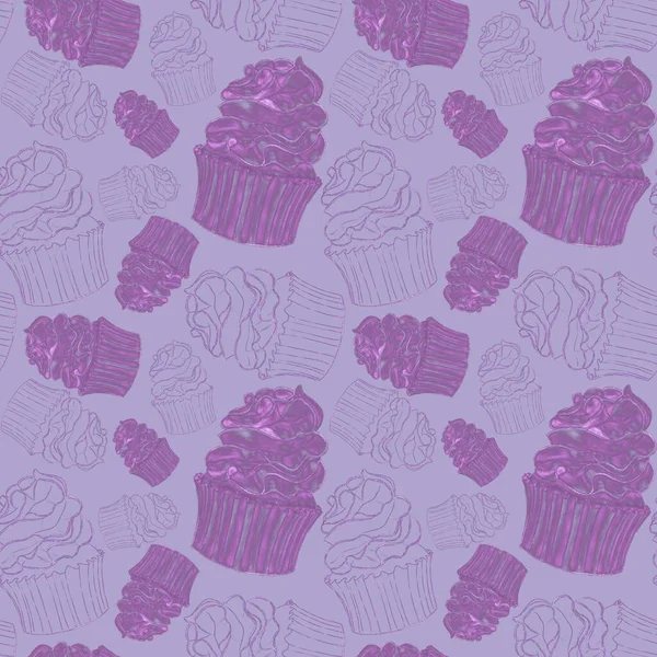 Purple Seamless Pattern Contour Illustrations Shiny Line Cupcake — Stock Photo, Image