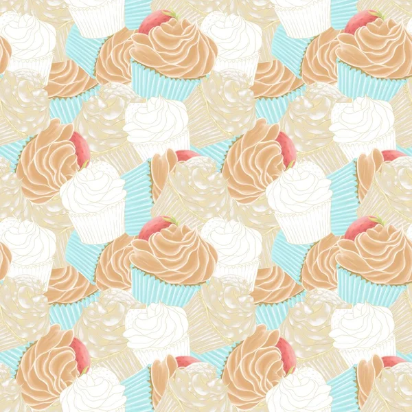 Solid Seamless Pattern Caramel Cupcake Illustrations Color Contour Hatched Illustrations — Stock Photo, Image