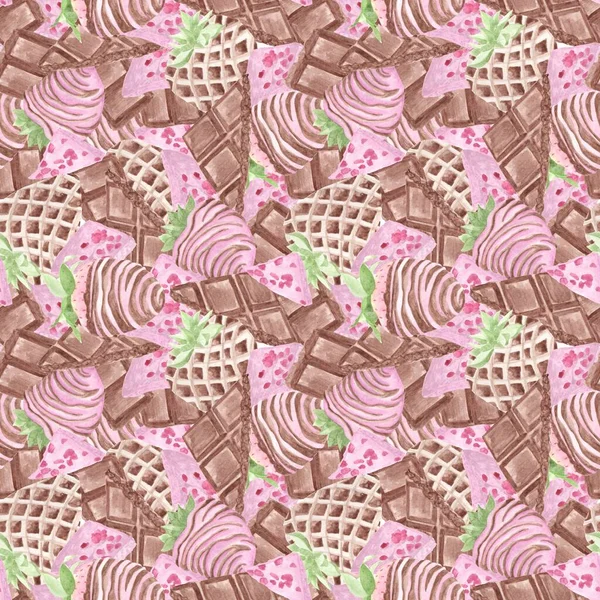 Твердий Безшовний Візерунок Акварельних Ілюстрацій Шоколадних Батончиків Шоколадної Полуниці — стокове фото