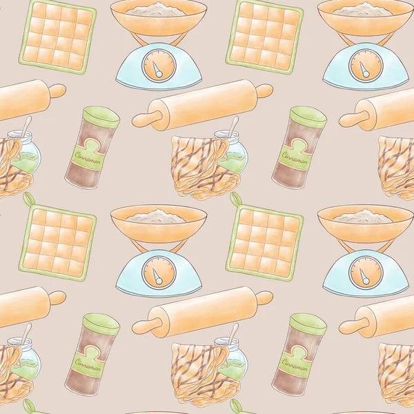 Symmetrical pattern for a pastry shop made of hand-drawn elements of orange and green, kitchen scales with flour, pot holder, rolling pin, a jar of cinnamon pancakes with jam on a coffee background