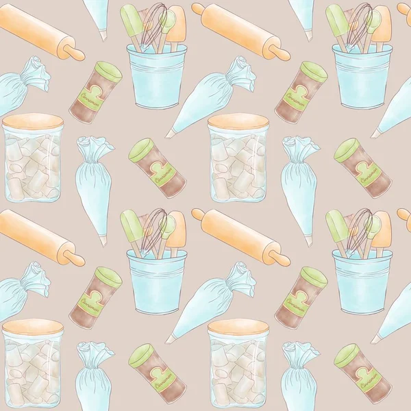 Accessori Cucina Pasticceria Semplice Illustrazione Pattern Pastry Bag Barattolo Cannella — Foto Stock