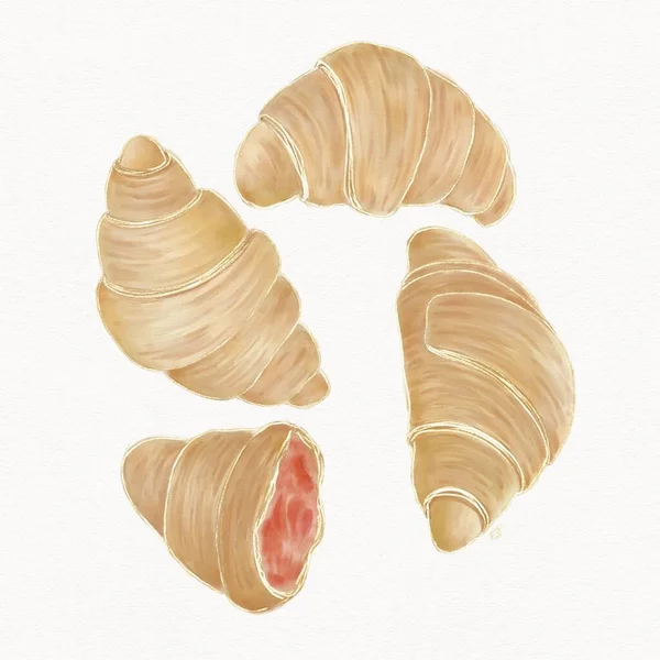 Watercolour Illustration Gold Outline Croissants Pink Jam Textured Background — Stock Photo, Image