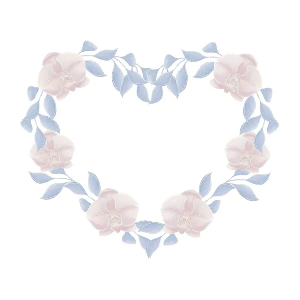 Finom Romantikus Szív Alakú Keret Orchideavirágokból Kék Levelű Gallyakból Arany — Stock Fotó