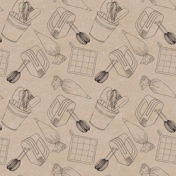 Seamless pattern on a craft background with contour illustrations of kitchen items for a pastry chef, mixer, pastry bag, broom