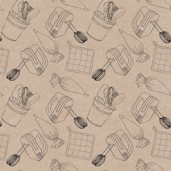 Seamless pattern on a craft background with contour illustrations of kitchen items for a pastry chef, mixer, pastry bag, broom
