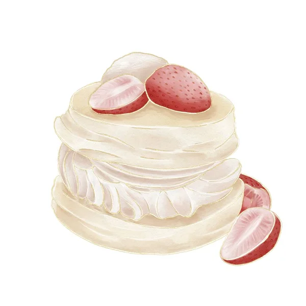Aquarel Illustratie Van Een Kwarktaart Met Aardbeien Crème Van Beige — Stockfoto