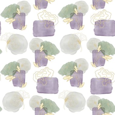 Beyaz arkaplanda şakayık tomurcuğunun gri, mor ve yeşil çizgileri olan kusursuz bir suluboya deseni var.