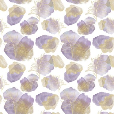 Mor bordo, altın pullu suluboya lekeler ve kontur deseni, beyaz arka planda yapraklı dallar, kusursuz desenler.