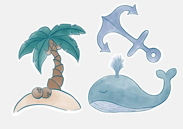 一套以蓝色和绿色 棕榈树 锚和鲸鱼为主题的简单的海洋图解 — 图库照片