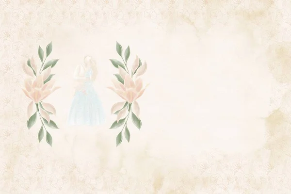 Шаблон Весільні Запрошення Ілюстрацією Нареченого Нареченого Композиції Бежевих Квітів Текстурованим — стокове фото