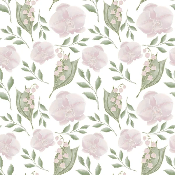 Pastel Botanical Seamless Pattern Illustrations Orchid Flowers Lily Valley Green — Stock Photo, Image