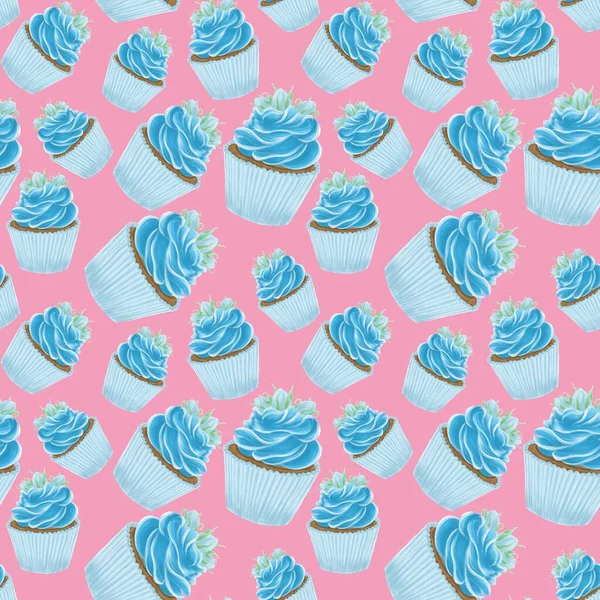 粉红背景蓝杯蛋糕无缝图案 糖果包装设计 — 图库照片