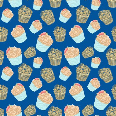 Mavi arkaplanda kekler, renkli çizimler ve çizgiyle pürüzsüz desen