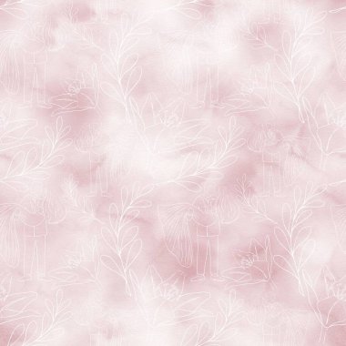 Düğün temalı desen, suluboya pembe arka plan, çiçek çizimleri ve birbirine aşık bir çift.