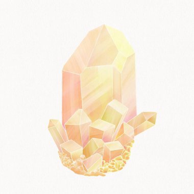 Sihirli bir kristal, sarı ve turuncu renkte bir mineral, beyaz arka planda parlak noktalar.