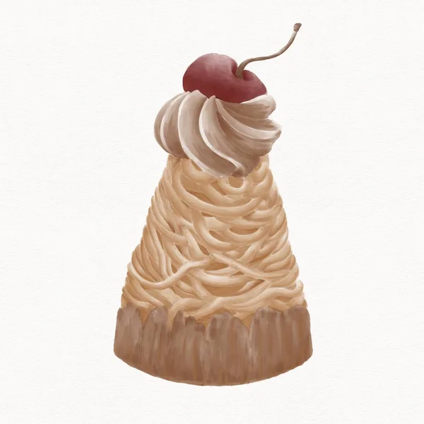 Aquarel Illustratie Van Een Taart Chocolade Dessert Met Een Kers — Stockfoto
