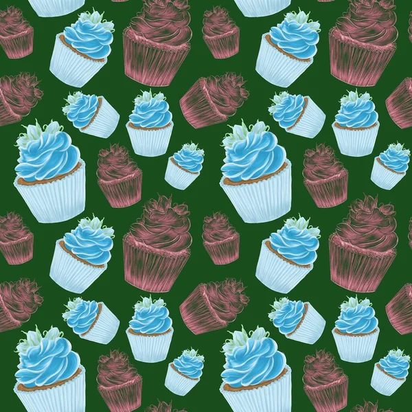 カップケーキの緑の背景のパターンは青 線形パターンのカラフルなパターンはシームレスです — ストック写真