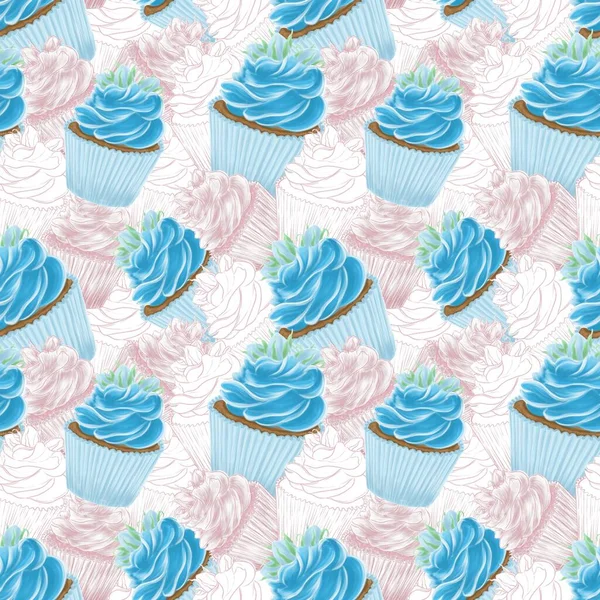 Solid Seamless Pattern Colored Contoured Hatched Illustrations Blue Cupcake Rosebuds — Stock Photo, Image