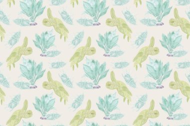 Okyanus temasında kusursuz dekoratif desenler var. Tarafsız bir zeminde deniz yosunu kabuğu ve kaplumbağa resimleri var.