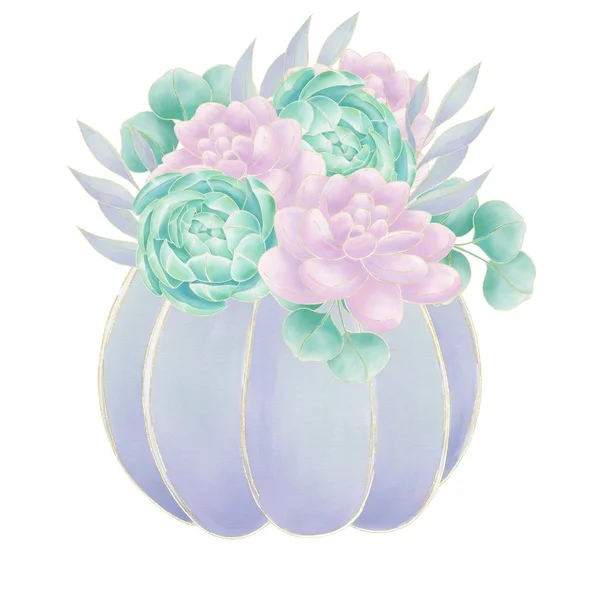 Composição Decorativa Abóbora Roxa Com Flores Suculentas Rosa Verde — Fotografia de Stock
