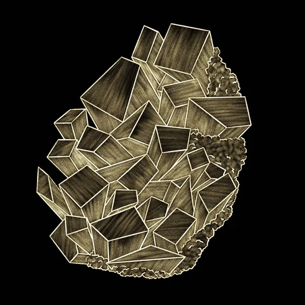 Illustration of a mineral, crystal, gold contoured, hatched, drawing on a dark background