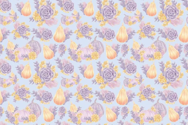 Ornate seamless pattern on an autumn theme, illustrations of pumpkins, succulents, leaves and twigs on a blue background