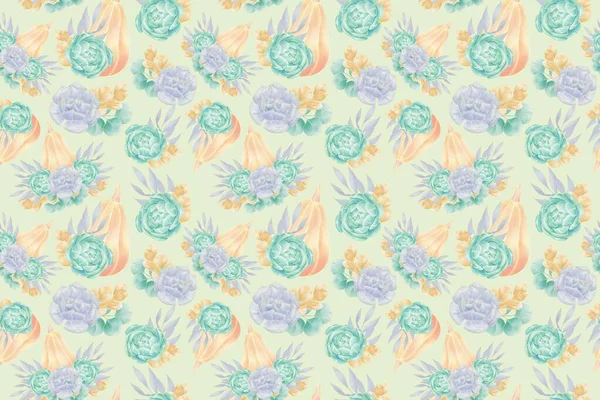 Delicate Decoratieve Naadloze Patroon Van Illustraties Van Pompoenen Sappige Bloemen — Stockfoto