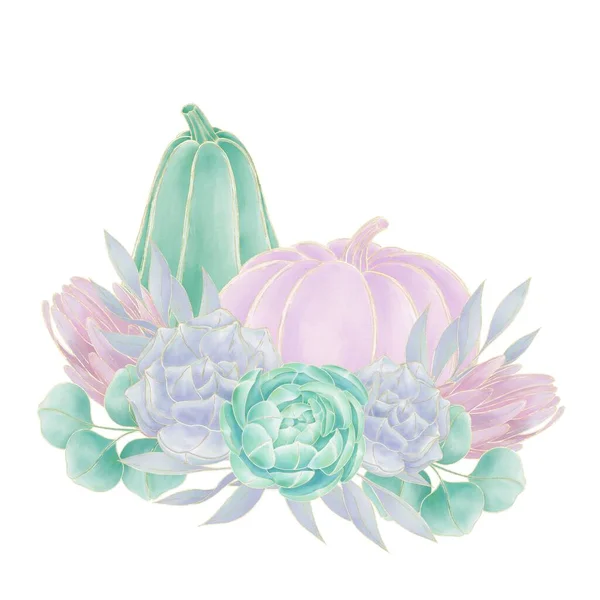 Composição Outono Ilustrações Abóbora Verde Rosa Decoradas Com Flores Suculentas — Fotografia de Stock